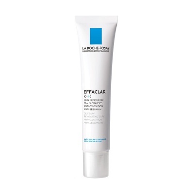 Tubo branco de creme Effaclar K+ da La Roche-Posay com texto e logo azul