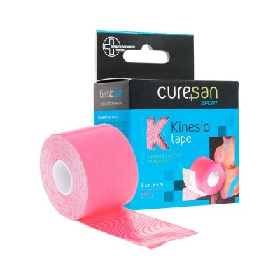Rolo de Kinesio tape cor-de-rosa e embalagem Curesan Sport