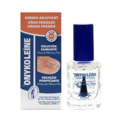 Frasco de verniz transparente ONYKOLEINE com tampa azul escuro e embalagem azul e laranja