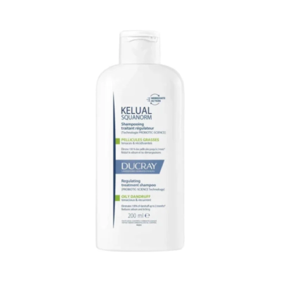 Frasco branco de champô regulador Kelual Squanorm da Ducray, capacidade 200 ml