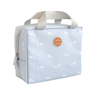 Bolsa térmica cinza claro com padrão de ursos polares e alças bege