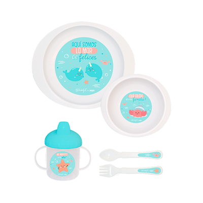 Conjunto infantil com prato, copo, colher e garfo com tema marinho azul e cor-de-rosa