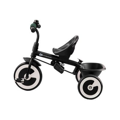 Triciclo infantil preto Kinderkraft com rodas brancas e padrão preto