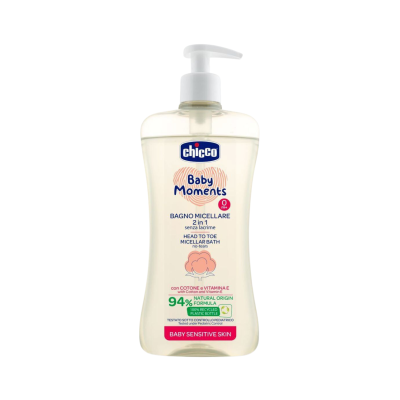 Frasco transparente de gel de banho micelar Chicco para bebé com doseador branco