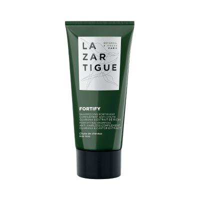 Frasco verde escuro de champô Fortify da Lazartigue com texto em inglês e francês