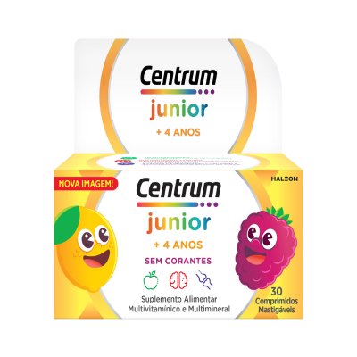 Caixa de suplemento multivitamínico Centrum Junior +4 Anos com desenhos de limão e framboesa