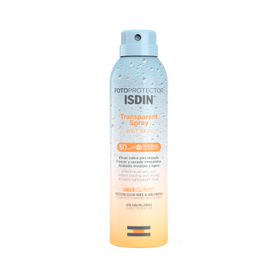 Frasco de spray fotoprotetor ISDIN Transparent Spray Wet Skin SPF 50+