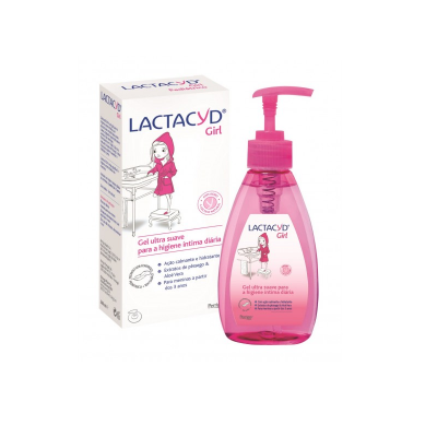 Gel LACTACYD Girl rosa com doseador e embalagem branca e rosa com texto em português.