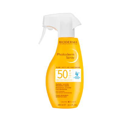 Frasco amarelo de spray de proteção solar Bioderma Photoderm SPF 50+