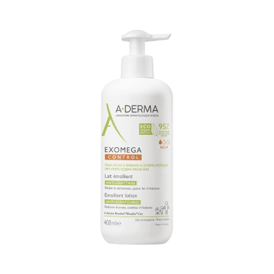 Frasco branco de loção A-DERMA Exomega Control com dispensador