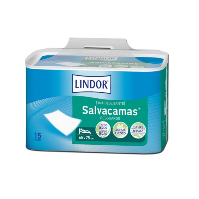 Pacote azul de salvacamas Lindor com texto e descrição de características