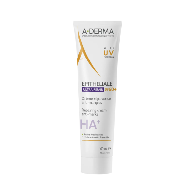 Tubo branco de creme A-DERMA EPITHELIALE ULTRA REPAIR SPF 50+ 100 ml