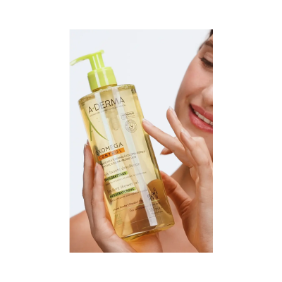 Frasco de óleo de duche A-DERMA EXOMEGA CONTROL com tampa de bomba verde limão