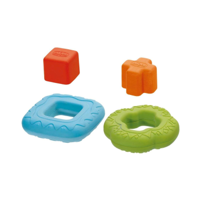 Conjunto de brinquedos de borracha coloridos para bebé com formas diversas e textura.