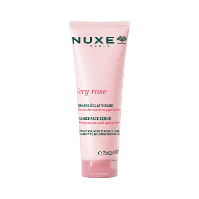 Tubo rosa claro de esfoliante facial Very rose da NUXE PARIS com texto em francês e inglês