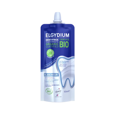 Pasta de dentes Elgydium ecológica em embalagem azul e branca de 100 ml