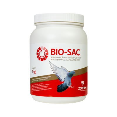 Frasco branco com rótulo de suplemento alimentar BIO-SAC para pombos da marca ZOOPAN