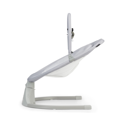 Cadeira de bebé cinza e branca vista de lado