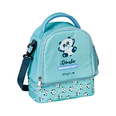Mochila térmica azul clara com padrão de pandas e texto em espanhol