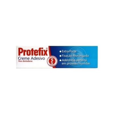 Embalagem de creme adesivo Protefix para dentaduras em branco e azul
