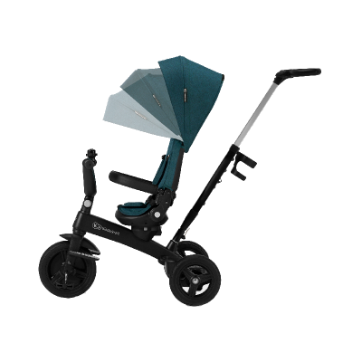 Triciclo infantil preto com assento e toldo azul-petróleo ajustável