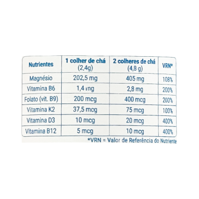 Etiqueta nutricional com tabela de nutrientes e valores por 1 e 2 colheres de chá