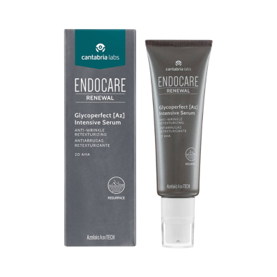 Embalagem e tubo de sérum intensivo Endocare Renewal Glycoperfect [Az] cinza escuro com texto branco e verde