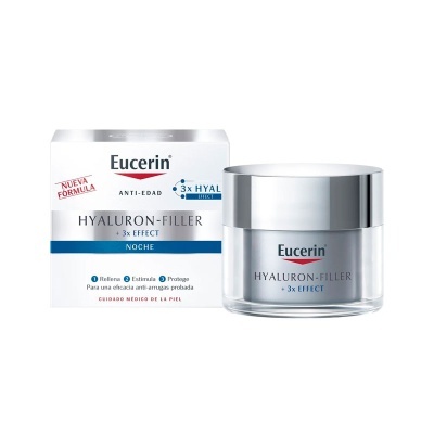 Creme anti-idade Eucerin Hyaluron-Filler + 3x Effect para noite com embalagem branca e frasco prateado