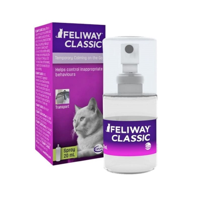 Spray Feliway Classic para gatos com embalagem roxa e imagem de gato cinzento