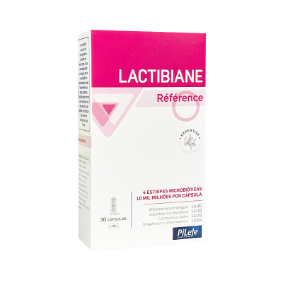 Embalagem rosa e branca de cápsulas LACTIBIANE Référence