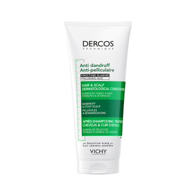 Condicionador anti-caspa DERCOS Technique embalagem branca e verde Vichy