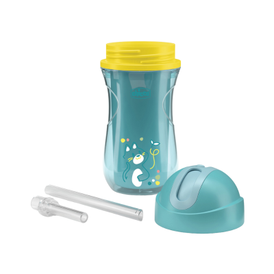 Copo infantil azul Chicco com tampa amarela e desenho de gato