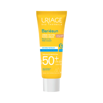 Creme de proteção solar FPS 50+ da URIAGE Bariésun em tubinho amarelo com tampa branca