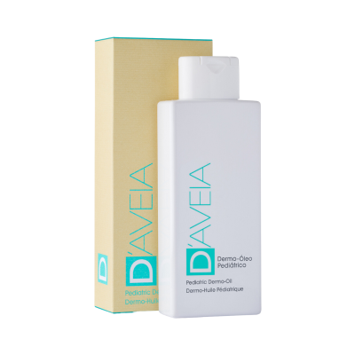 Frasco branco e caixa bege de produto DAVEIA com texto azul-turquesa e preto