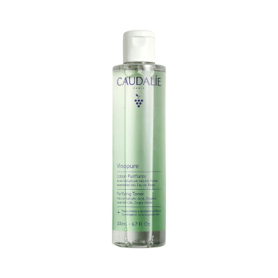 Frasco transparente de tónico purificante Caudalie Vinopure 200 ml com tampa branca