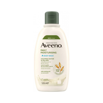Frasco branco com tampa verde de gel de banho Aveeno Daily Moisturising 500ml.
