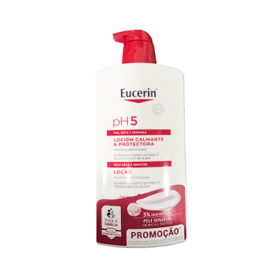 Frasco branco de loção Eucerin com tampa vermelha e texto em espanhol e português