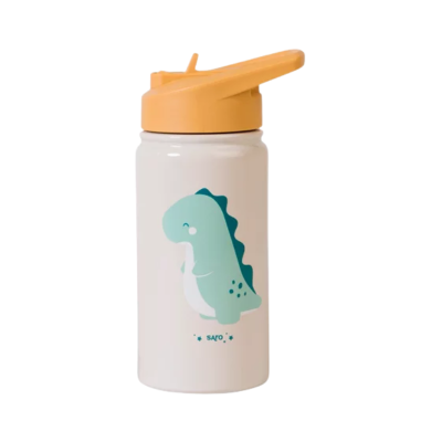 Garrafa plástica beige com tampa laranja e desenho de dinossauro verde