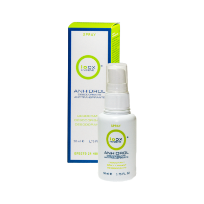 Frasco de spray branco com caixa azul e verde contendo desodorizante antitranspirante ioox Anhidrol