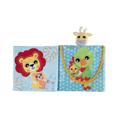 Livro de tecido infantil azul com ilustrações de leões e papagaios e cabeça de girafa em pelúcia