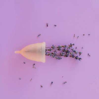 Copo menstrual translúcido com flores roxas e formigas num fundo lilás