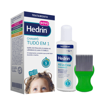 Caixa e frasco de shampoo Hedrin com pente de metal para tratamento de piolhos