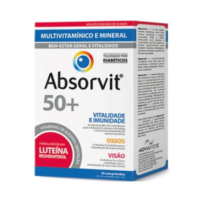 Embalagem de suplemento multivitamínico e mineral Absorvit 50+, cores branco, vermelho e azul