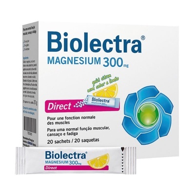 Caixa e saqueta de Biolectra MAGNESIUM 300 mg sabor limão para função muscular