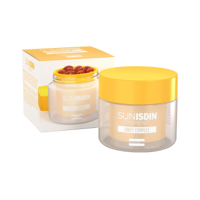 Frasco transparente com tampa amarela e embalagem do produto Sunsidin