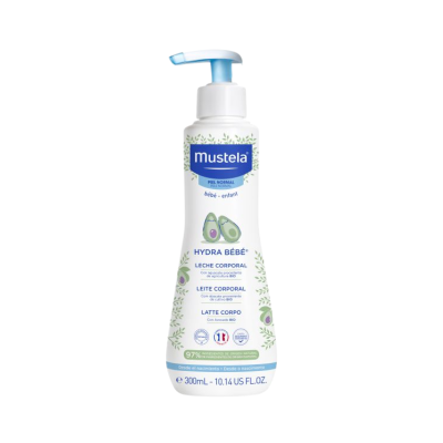 Leite corporal Mustela Hydra Bébé com dosador e decorado com abacates