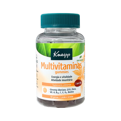 Frasco de multivitaminas gummies Kneipp com rótulo branco e tampa azul.