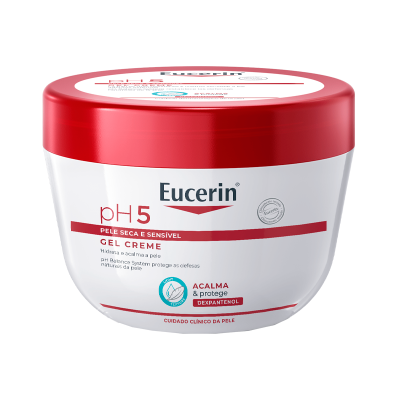 Embalagem branca com tampa vermelha de creme Eucerin pH 5 para pele seca e sensível