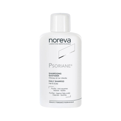 Frasco branco de shampoo Psoriane com tampa branca e texto preto