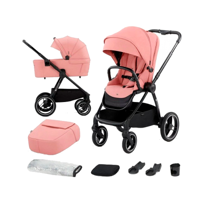 Carrinho de bebé modular cor de rosa com acessórios em fundo branco